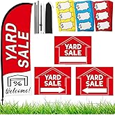 Buryeah Yard Sale Feather Flag Signs Set, 1 Pack 7ft Yard Sale Banner with Pole Kit, 3 Pack Double Sided Yard Sale Signs with Stakes, 150 Count Large Item Pricing Stickers(Red)