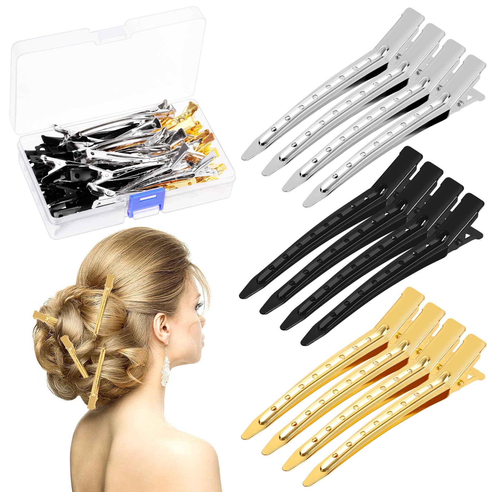 Tanstic 45Pcs 3.5 Inch 3 Colors Duck Billed Clips Alligator Curl Clips Long Hair Curl Clips Duckbill Hair Clips with Holes for Hair Styling, Styling Sectioning
