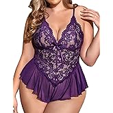 Avidlove Plus Size Lingerie for Women Lace Bodysuit One Piece Teddy Babydoll Mesh Chemise V Neck Sleepwear L-5XL