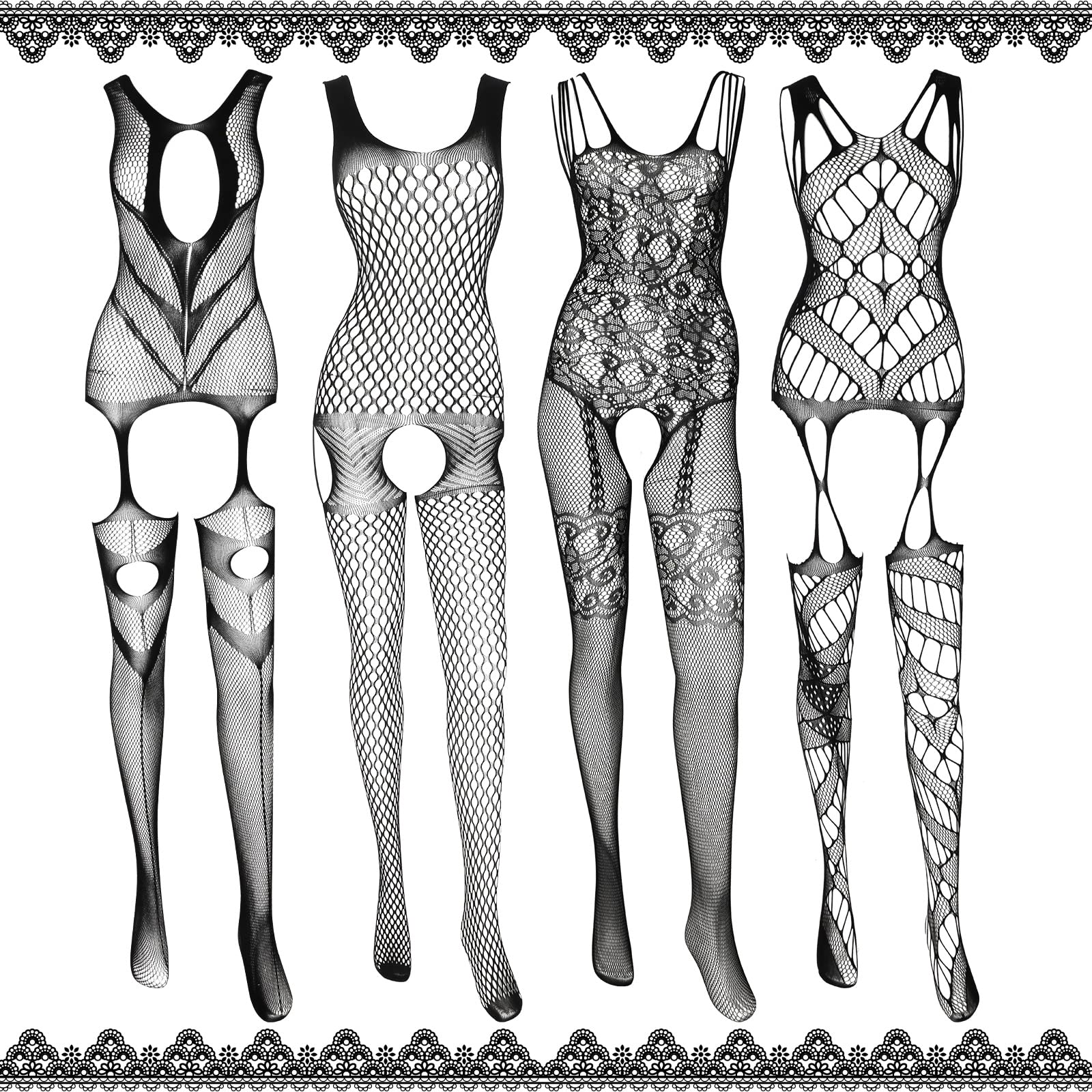 Jeyiour Black Lingerie Bodysuit with Garter Belt Fishnet doll Lingerie Lace Bodysuit Body Lace Lingerie