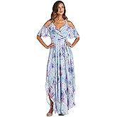 Flowing Cold Shoulder Floral Maxi Dress W/Wrap Wasit & Hi-Lo Hem