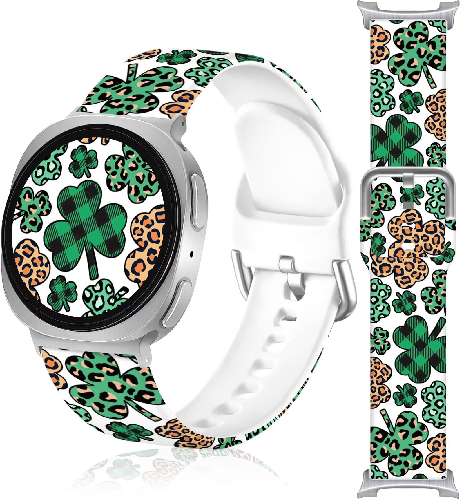 Vieeki St. Patricks Day Watch Bands Compatible with Samsung Galaxy Watch 8 40mm 44mm /8 Classic 46mm (22mm Irish Pattern Silicone Strap with Stainless Steel Adapter) Leopard 20mm