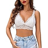 Avidlove Womens Lace Bralettes Triangle Plunge Wireless Bras Camisole Tops Cami Sexy Soft (White,M)