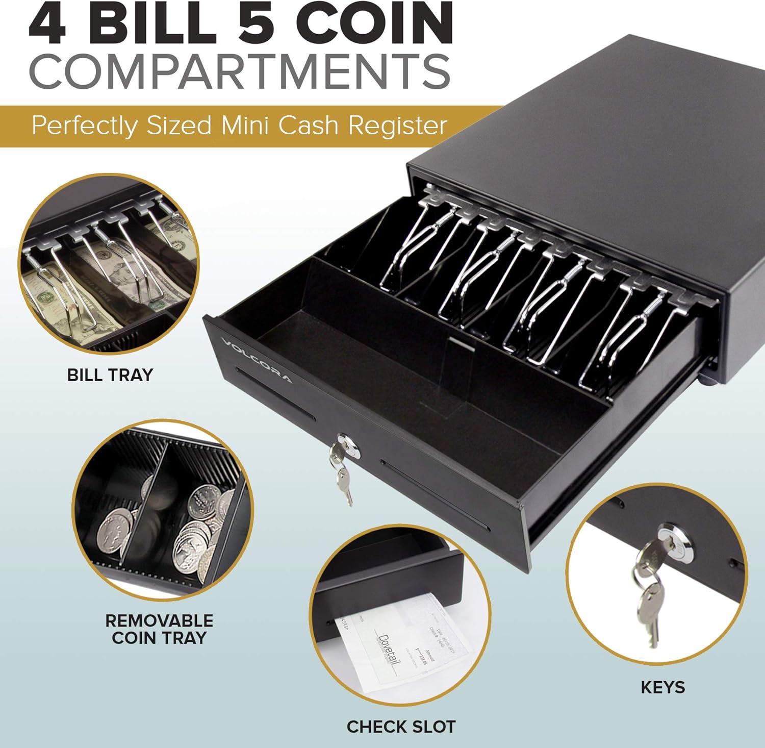 Mini Cash Register Drawer for Point of Sale (POS) System with 4 Bill 5 Coin Cash Tray, Removable Coin Compartment, 24V, RJ11/RJ12 Key-Lock, Media Slot, Black - for Stores, Shops, and Businesses : Electronics