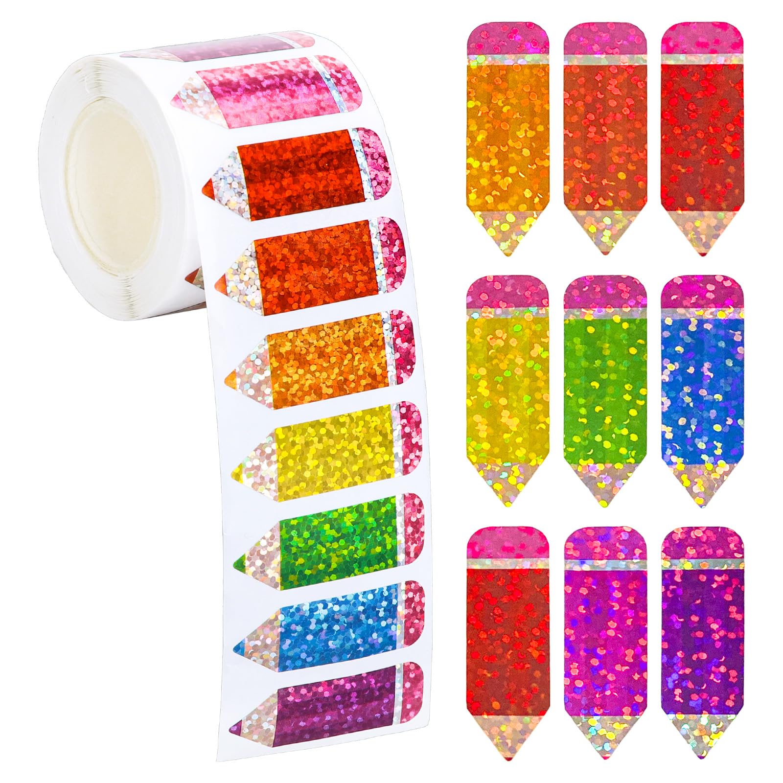 Whaline Back to School Pencil Stickers Roll Laser Colorful Pencil Seal Stickers Waterproof Self-Adhesive Decals for Envelope Scrapbook First Day of School Teacher Reward, 500 Pcs