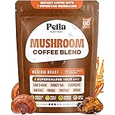 Pella Nutrition Mushroom Coffee – Lions Mane, Reishi, Chaga, Cordyceps, Shiitake, Maitake, and Turkey Tail Mushroom Supplement – Superfood Instant Coffee for Focus & Energy (Regular Caffeine, 60 Cups)