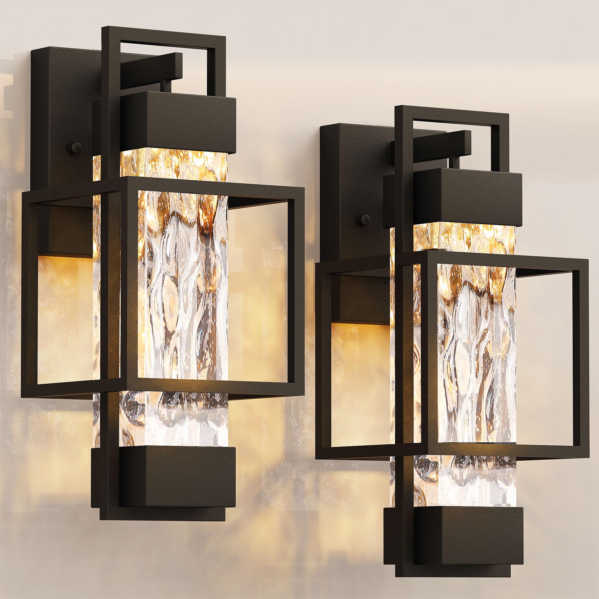 Photo 1 of PARTPHONER Modern Outdoor Light Fixtures Outdoor Lighting 2 Pack, 15" Exterior Wall Sconce Waterproof Porch Light, Outside Light for House with Water Glass for Garage Doorway, Black