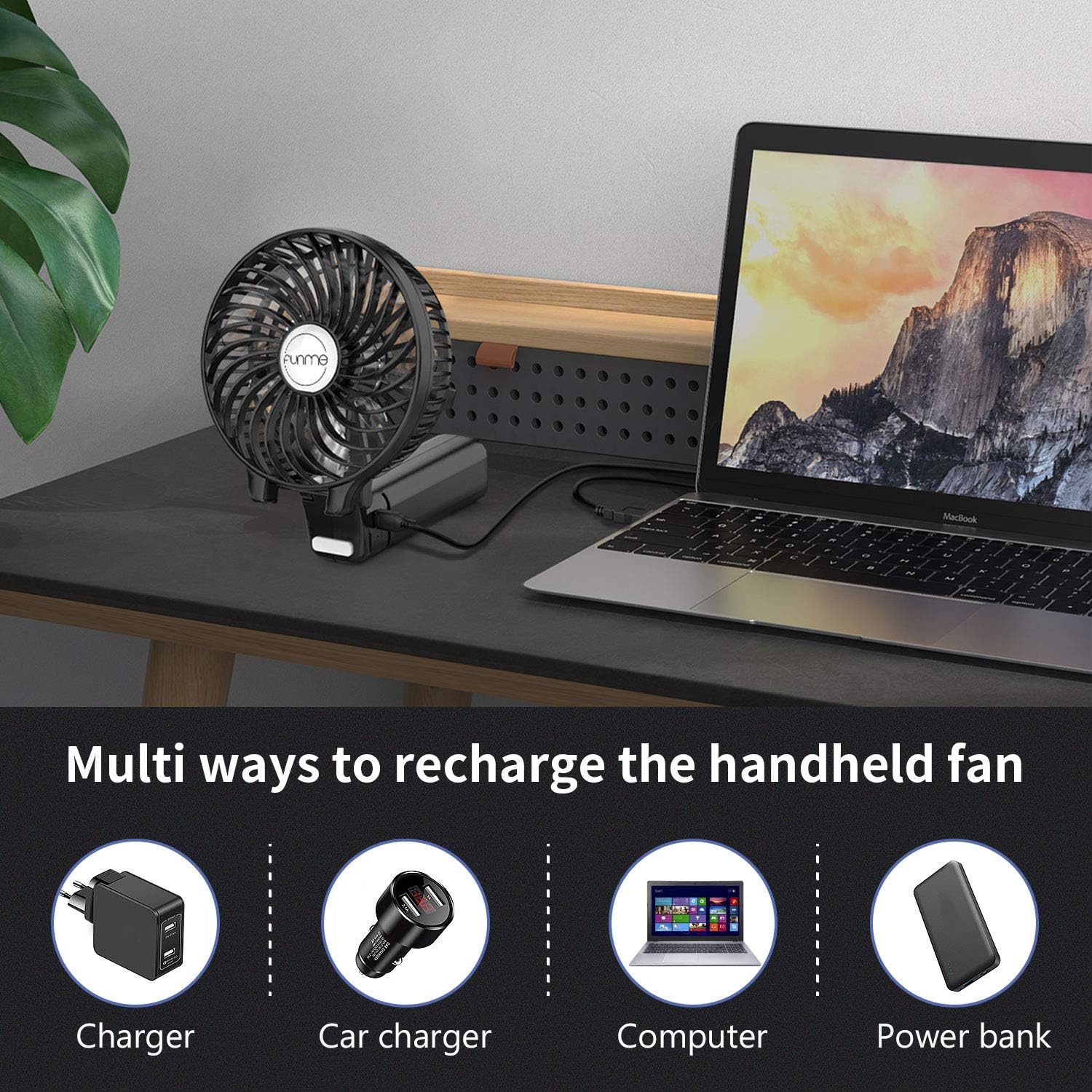 Funme® HandHeld Fan Portable Hand Fan with 6 Blades Rechargeable Battery 3 Speeds 180° Foldable Powered Personal Mini Fan Cooling Desktop Fans for School Travel Camping Black - Image 5