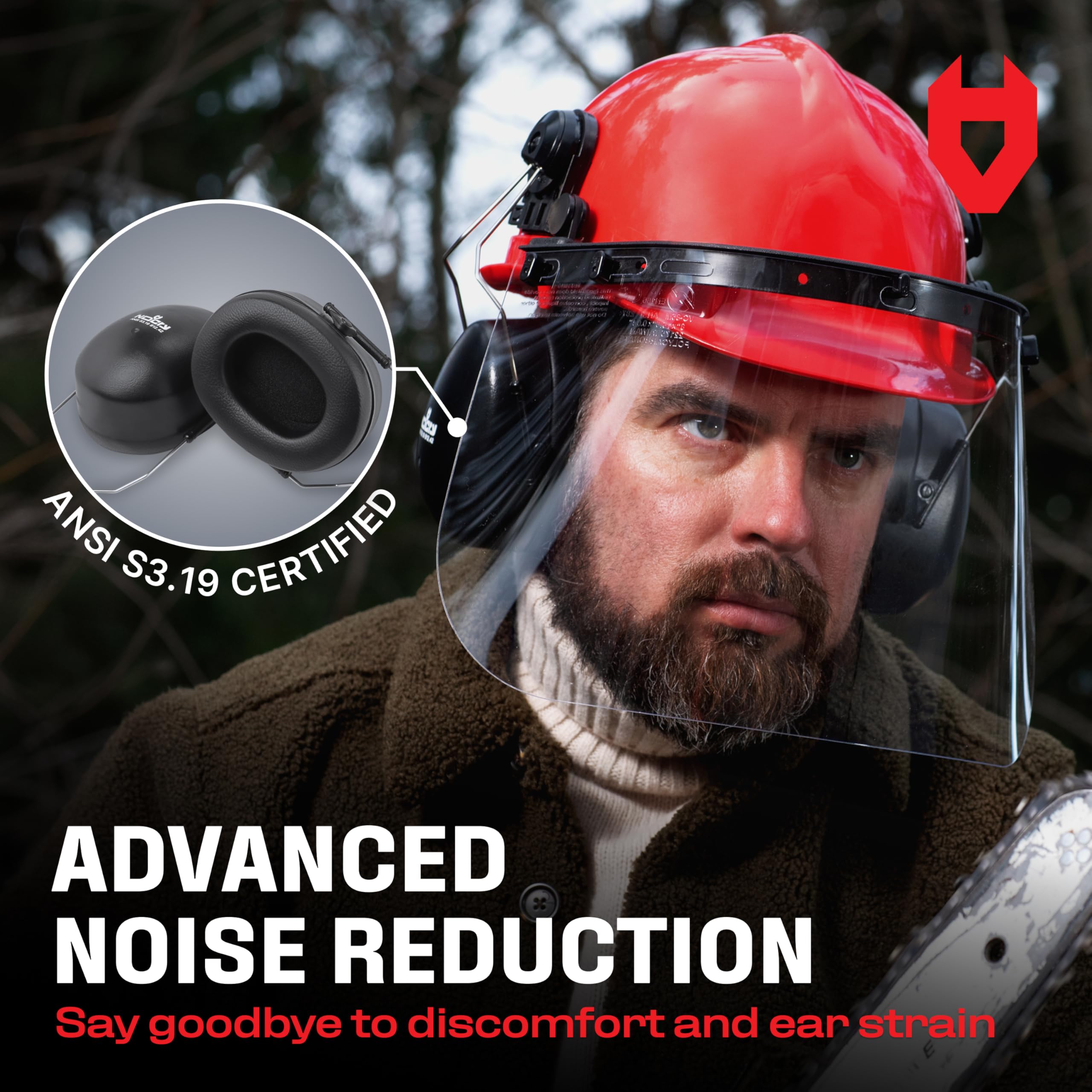 NoCry 6-in-1 Industrial Chainsaw Helmet with Face Shield and Ear Muffs - Includes Mesh and Clear Plastic Face Visor - ANSI Z89.1 Certified Forestry Helmet