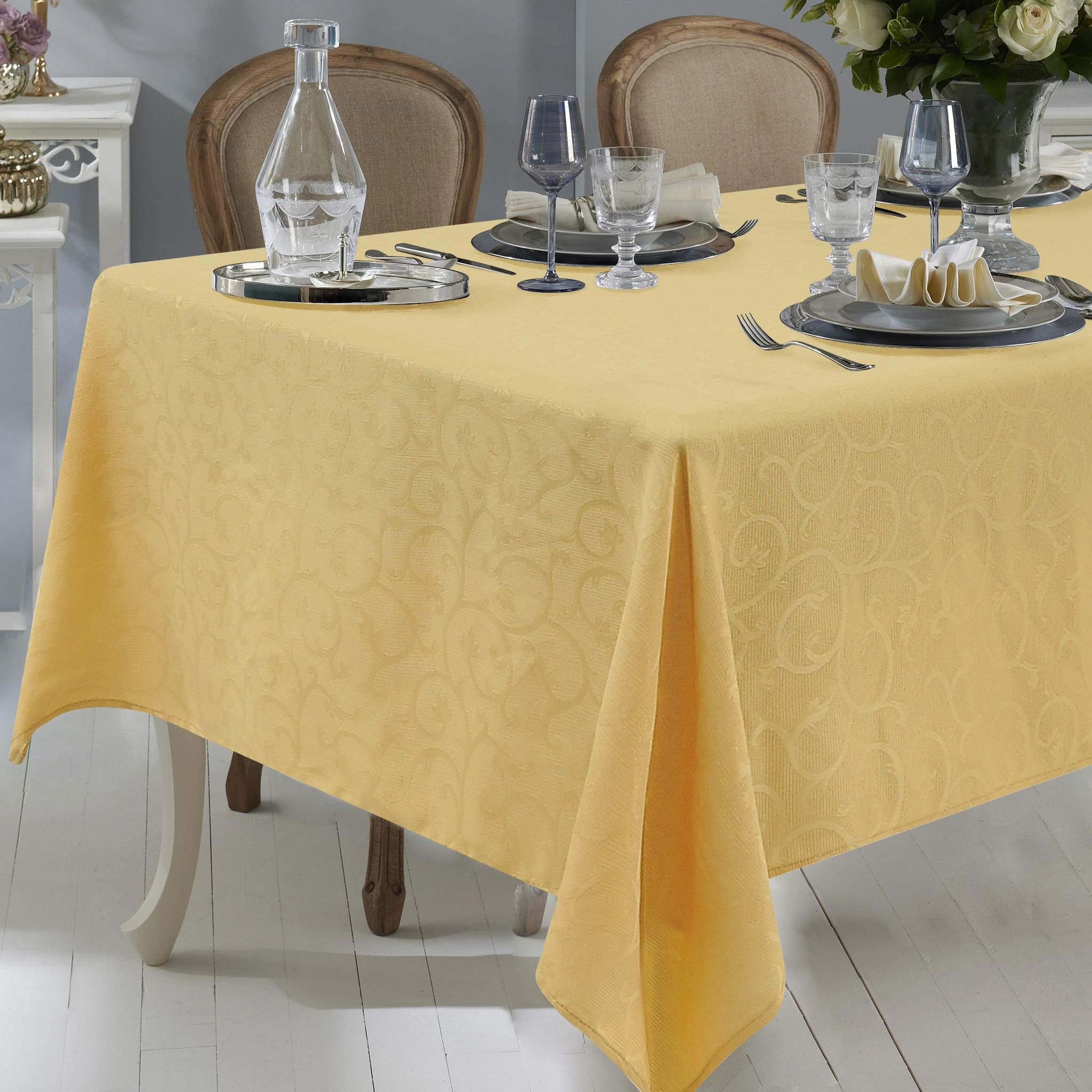 Exquisite Rectangle Tablecloth Acanthus Damask Waterproof Table Cloth Heavyweight Washable Polyester Table Cover- Great for Kitchen Table, Parties, Holiday Dinner, Wedding - 60 x 104 Inch Champaign