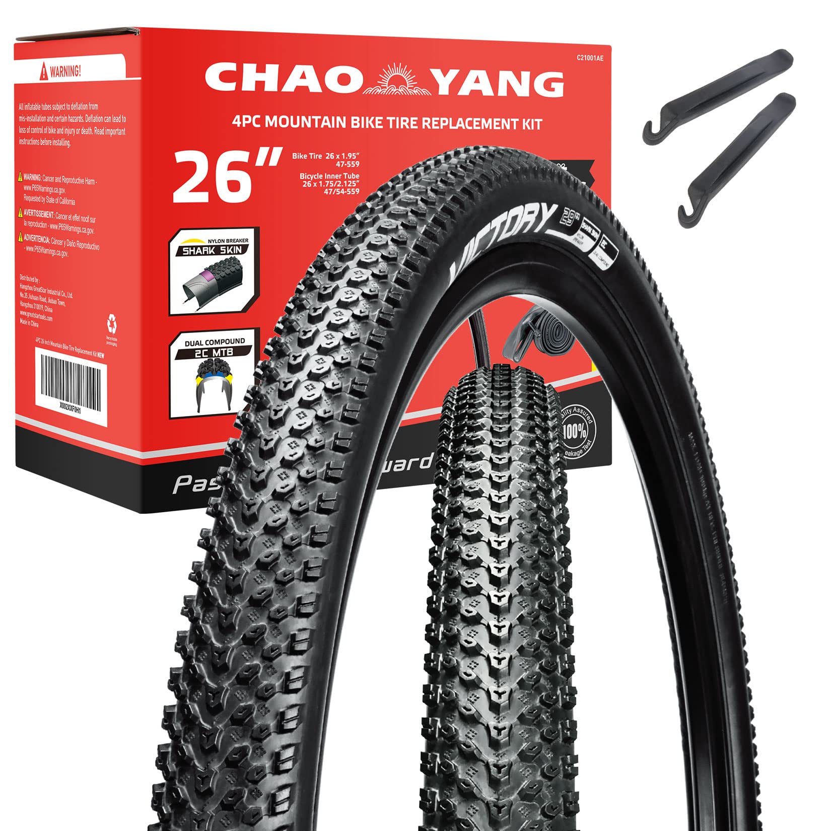Photo 1 of Chao YANG Mountain Bike Tire Replacement Kit, 26’’×1.95, Dual Compound 2C-MTB Tires, Featured with Double Tread Puncture Protection, for On or Off Road Use, 2-Pack