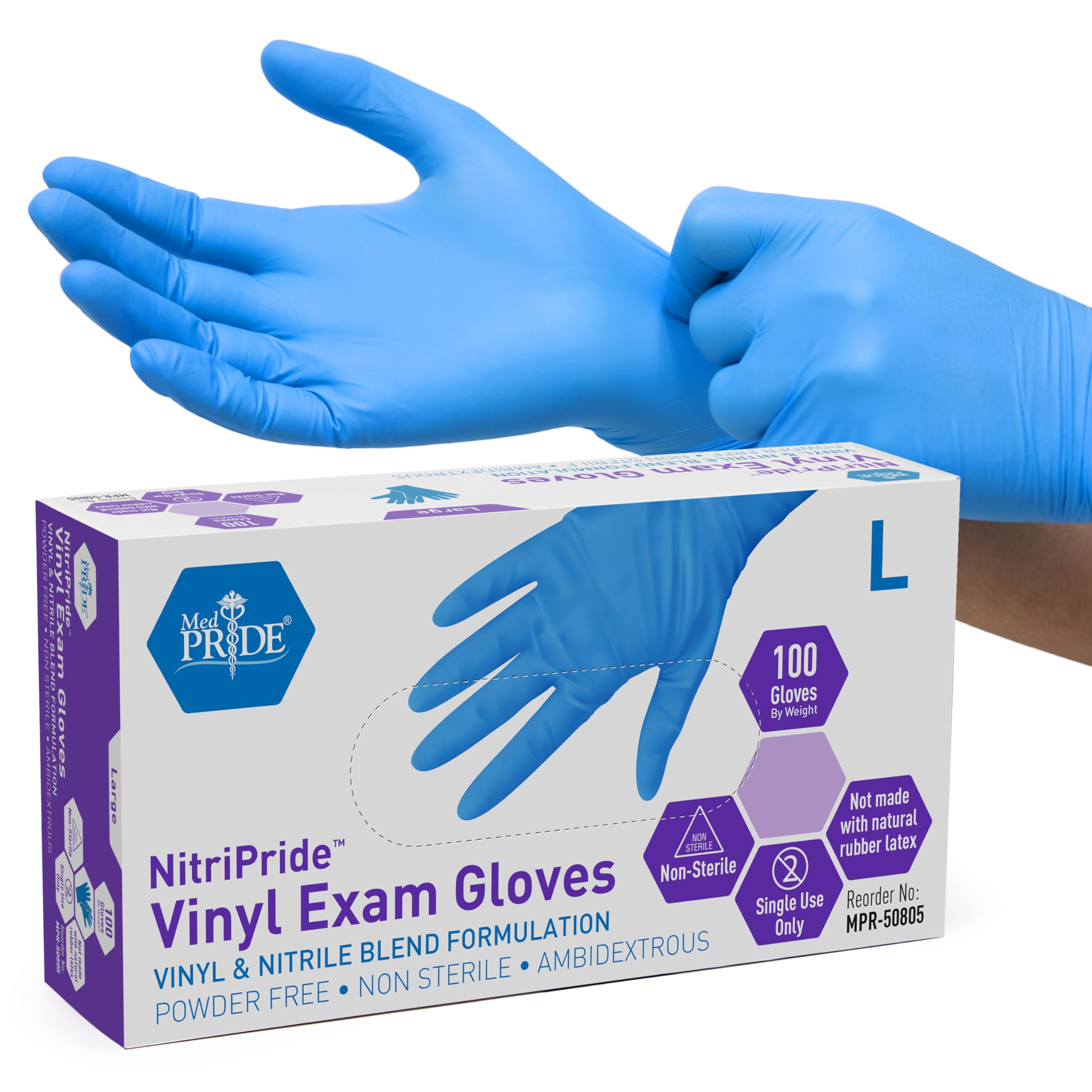 Photo 1 of MED PRIDE Disposable Medical Vinyl Exam Gloves Single Use Nitrile-Vinyl Blend Exam Gloves, Large 100 - Powder Free, Latex Free & Rubber Free - Single Use Non-Sterile Protective Gloves