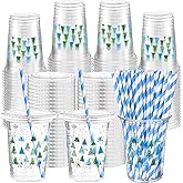Funnymoom 50 Sets Christmas Disposable Plastic Cups Bulk with Lids Straws 16 oz Red Green Xmas Tree Plastic Cups Cold Beverage Drinking Container for Xmas Holiday Juice Hot Cold Drinks