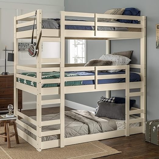 white wooden bunk beds with mattresses
