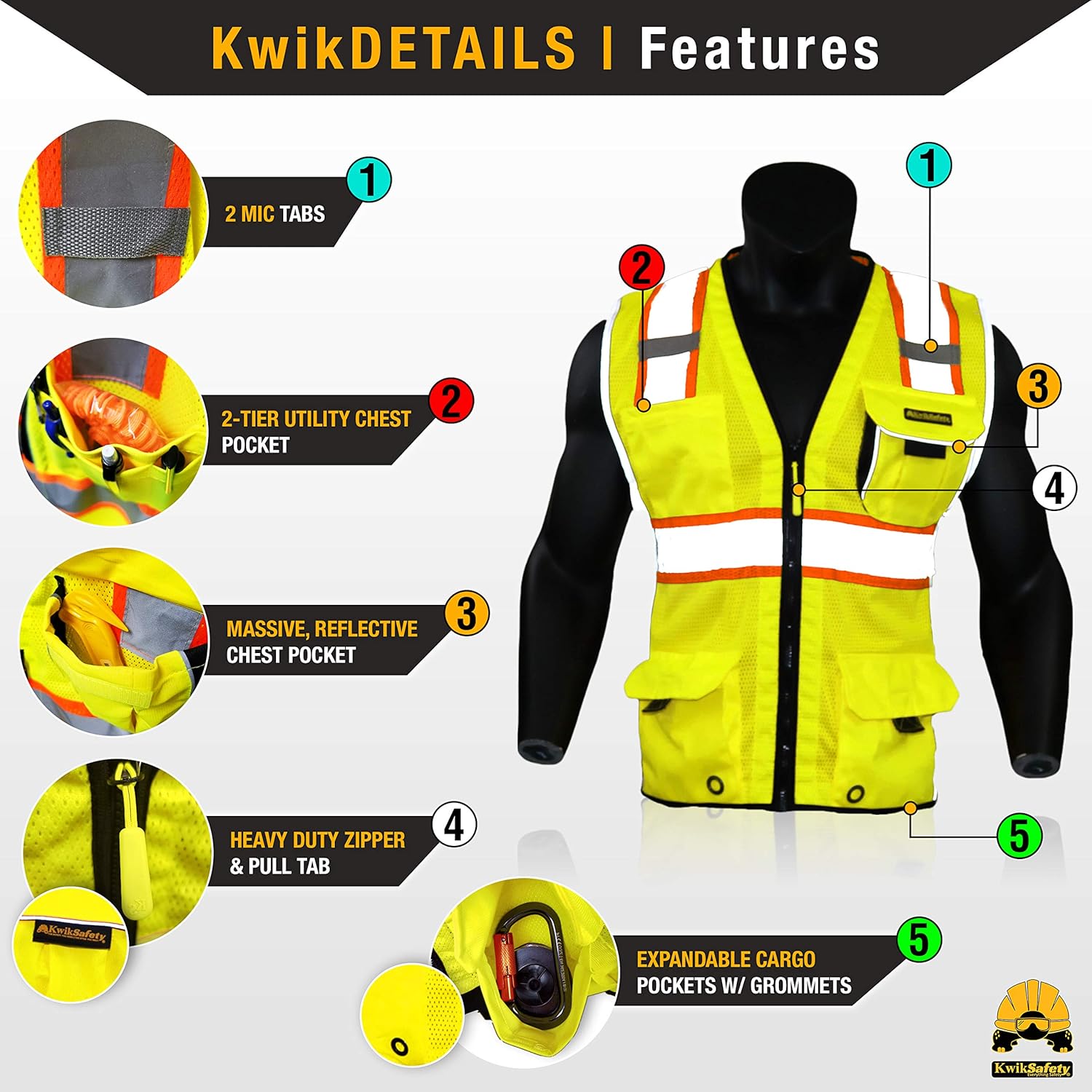 KwikSafety (Charlotte, NC) CLASSIC (10 Pockets) Class 2 ANSI High Visibility Reflective Safety Vest Heavy Duty Mesh with Zipper and HiVis OSHA Construction Work HiViz Men Women | Yellow X-Large - - 