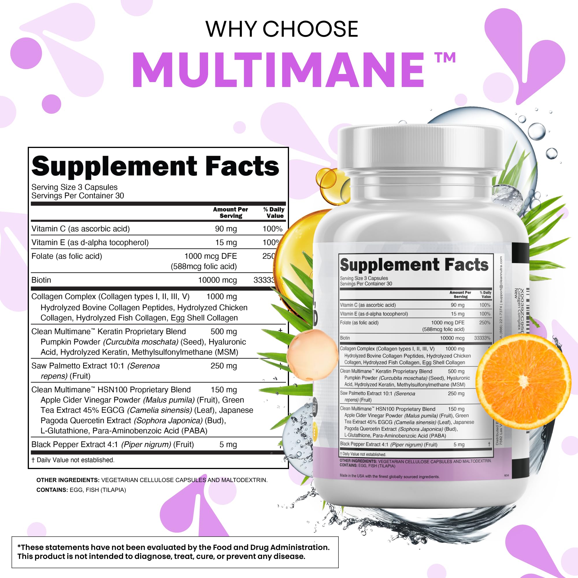 Clean Nutraceuticals Collagen Pills 1000mg Biotin 10000mcg Keratin Saw Palmetto Hyaluronic Acid - Hair Skin & Nails Vitamins & DHT Blocker with Vitamin E Folic Acid Pumpkin Seed MSM - 90 Count