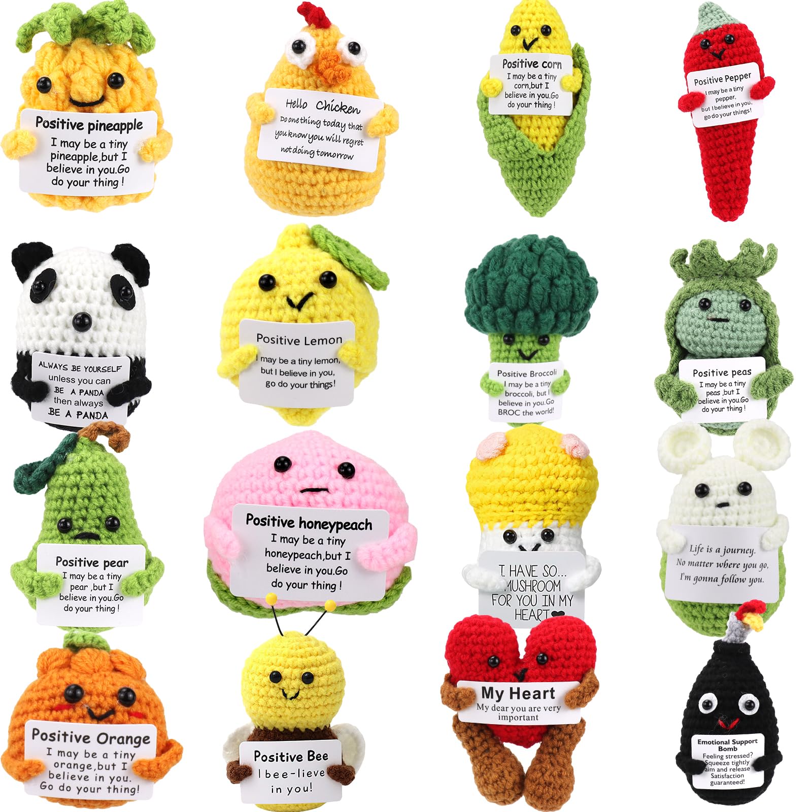 Malloom 16 Pcs Cute Crochet Doll Creative Knitting Dolls with Positive Card Crochet Bulk Soft Wool Animals for Appreciation Gifts Birthday Decoration Encouragement Positivity Gift Support