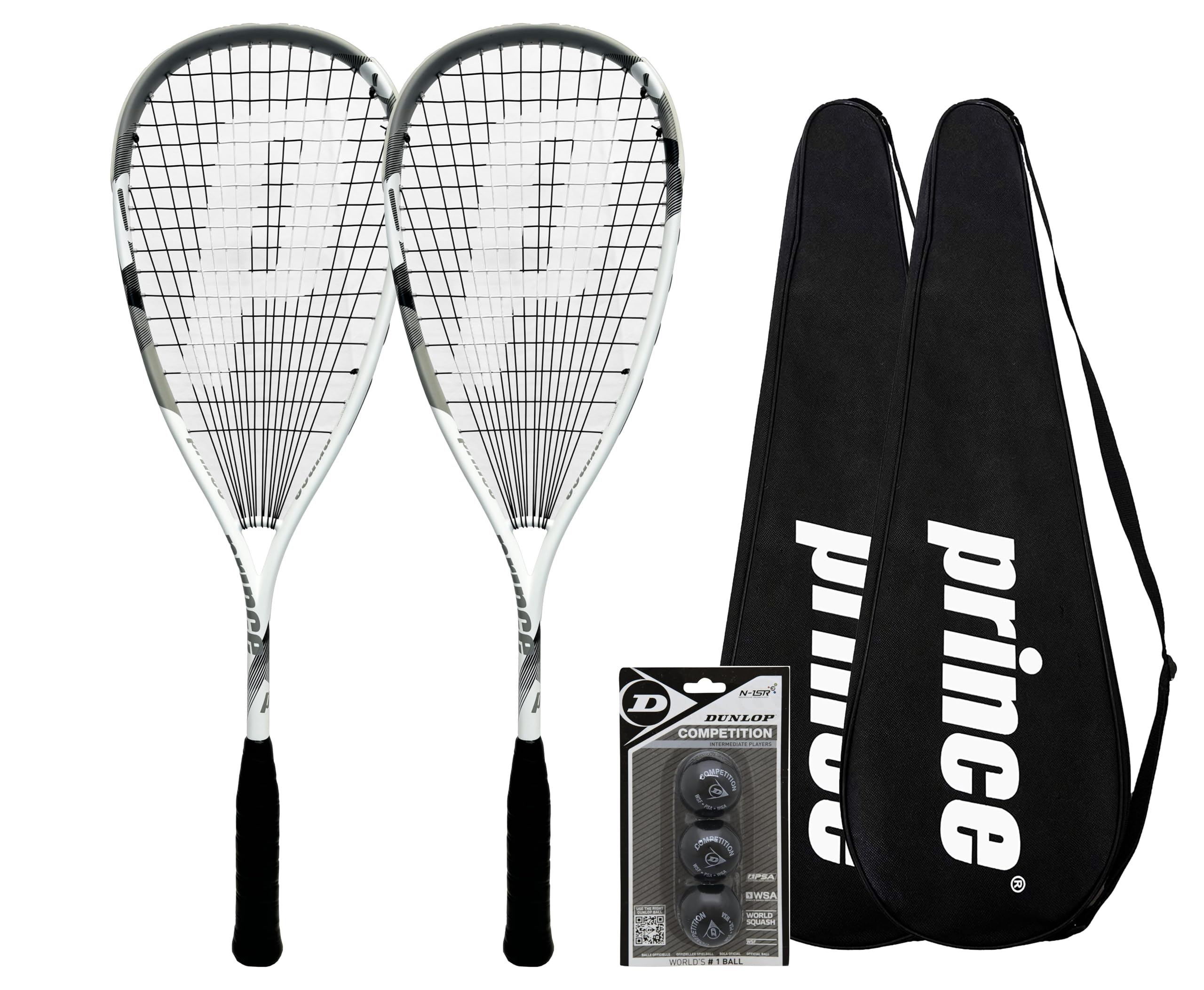 2 x Prince Pro Sovereign 650 Squash Rackets + 3 Squash Balls + Bag