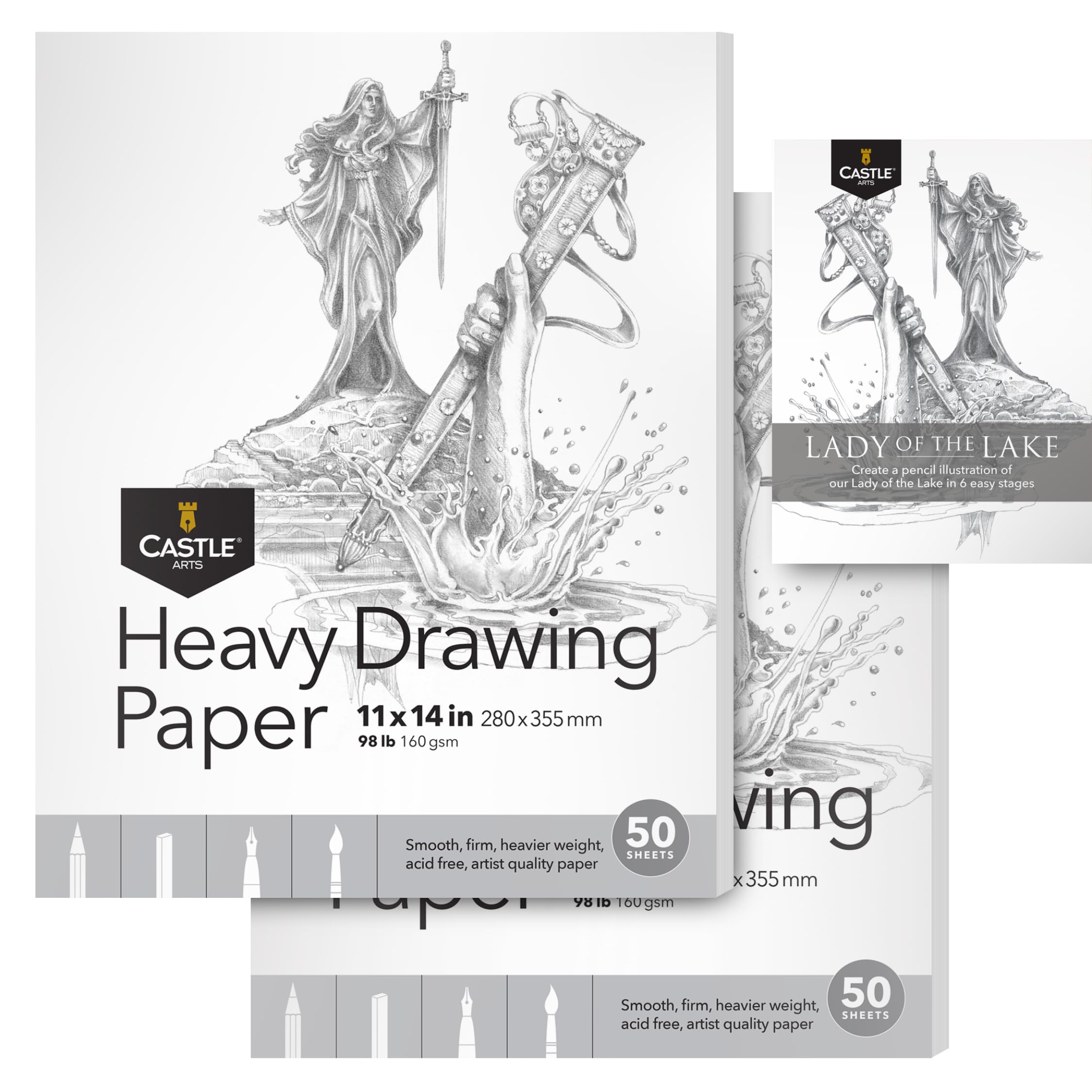 Castle Art Supplies Heavy Drawing Sketchpad Paper 11 x 14in | 2-Pack | 50 Sheets Each (160gsm/98lb) Extra White, Smooth Artist Paper | Acid Free | The Go-to Pad for All Artists (11 x 14, 2-Pack)