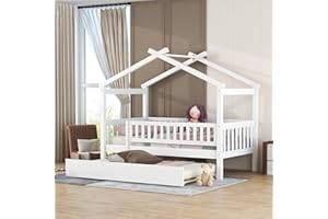 Merax Twin Size Wooden House Bed with Twin Size Trundle, Wood Bed Frame with Roof and Safety Guardrail for Kids, Teens, Boys or Girls, White