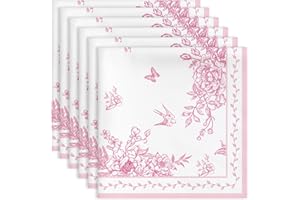 Arquiel Chinoiserie Flower Bird Napkins, 18×18 inch Vintage Pink Dinner Cloth Napkins Set of 6, Washable Cotton Soft Absorben