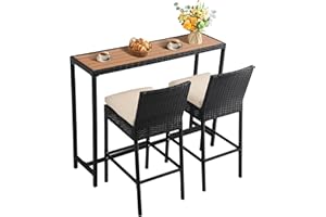 FKLUG Patio Bar Dining Set,Outdoor Durable Bar Height Table & Cushioned Bar Stools, Metal Bar Table and Chairs Set for Balcony, Backyard, Porch, Poolside (3pcs with 55" Rattan Table)