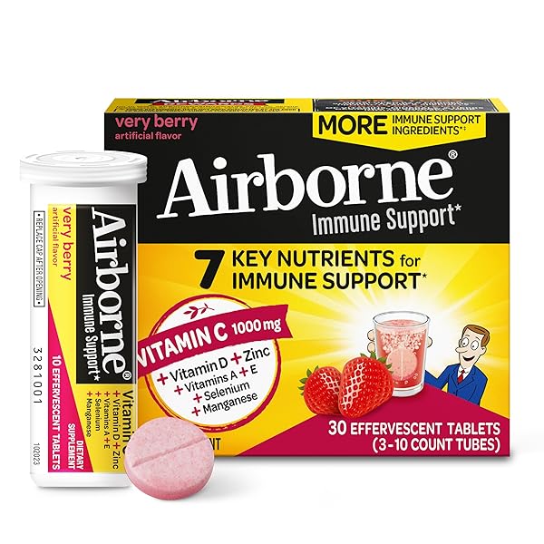 AIRBORNE 1000MG VITAMIN C WITH VITAMIN D & ZINC, SUGAR FREE MULTIVITAMIN IMMUNE SUPPORT SUPPLEMENT, ANTIOXIDANTS VITAMINS A C & VITAMIN E, 30 EFFERVESCENT TABLETS, VERY BERRY FLAVOR