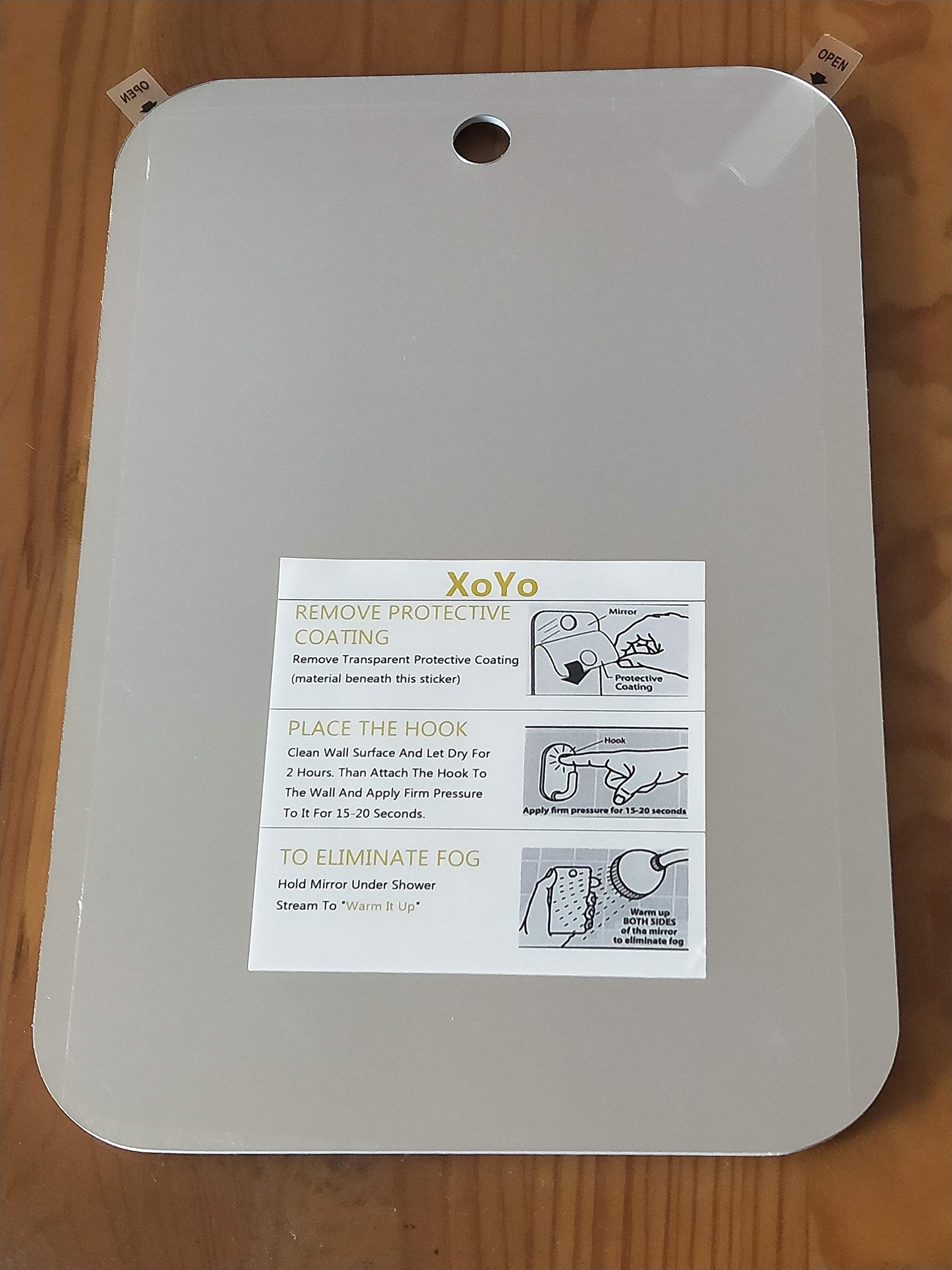 XoYo-Large Fogless Shower Mirror （11inX7.48in）, Includes 1 Adhesive Hooks, Anit-Fog Shower Mirror, Shower Makeup Shave Mirror, Frameless Shower Mirror, Wall Hanging Mirror (Large, 1 Pack)