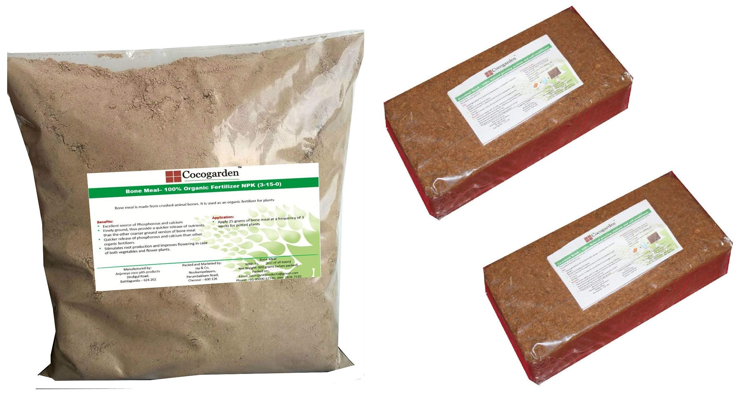 Coco Garden Steamed Bone Meal- Organic Npk(3-15-0) Fertilizer - 900 g & Coco Garden Coco peat Bricks (Brown)