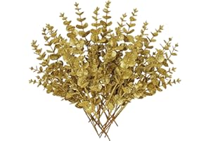 Hollyone 20 Pcs Glitter Artificial Eucalyptus Branches 13" Christmas Eucalyptus Pine Stems Picks Gold Fake Eucalyptus Picks Stems for DIY Christmas Tree Garland Wreath Crafts Home Decoration