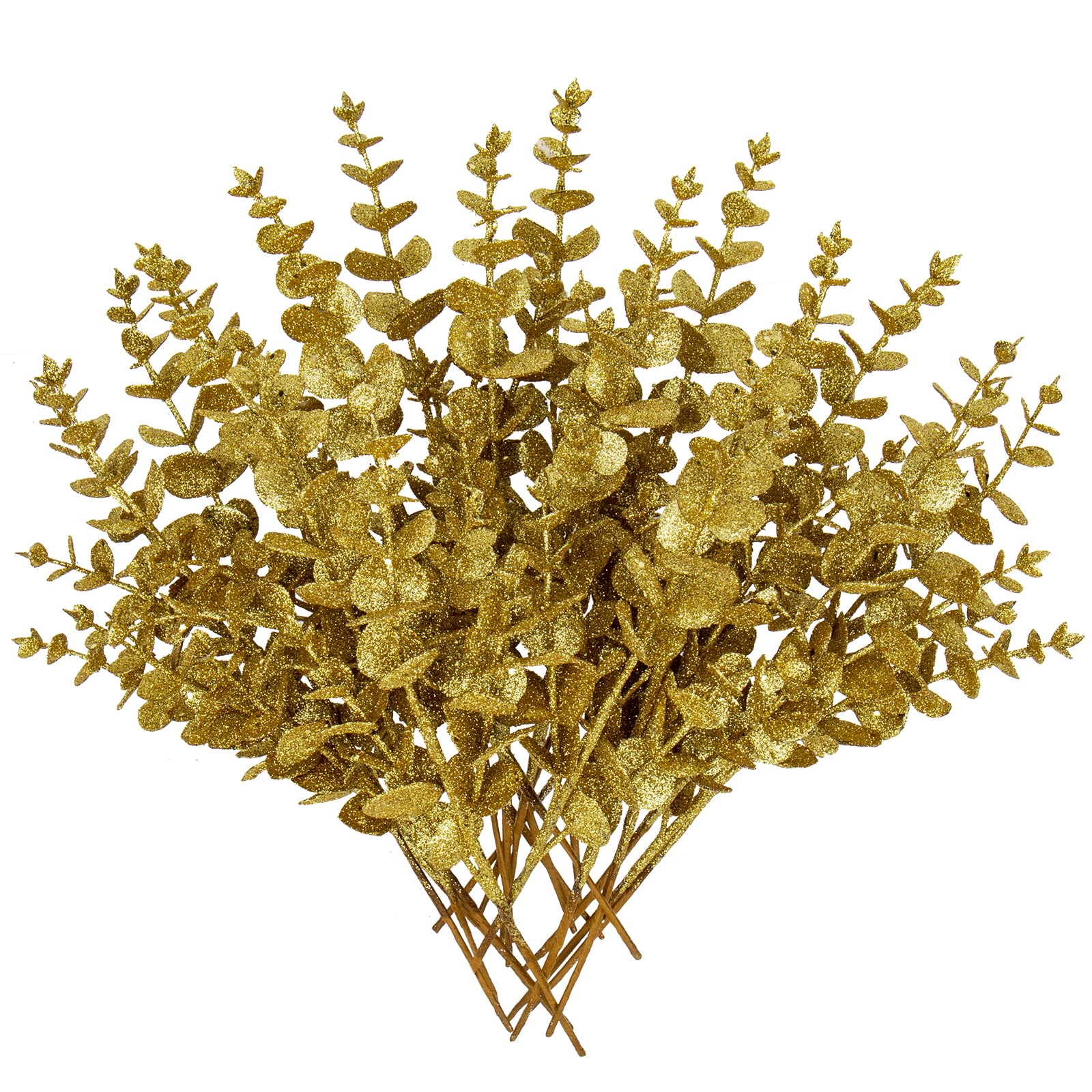 20pcs Christmas Glitter Leaves Artificial Eucalyptus Plant Gold Leaf Flower Picks Christmas Tree Decorations Artificial Leaves Stem for Xmas Tree Ornaments New Year Flora Arrangement