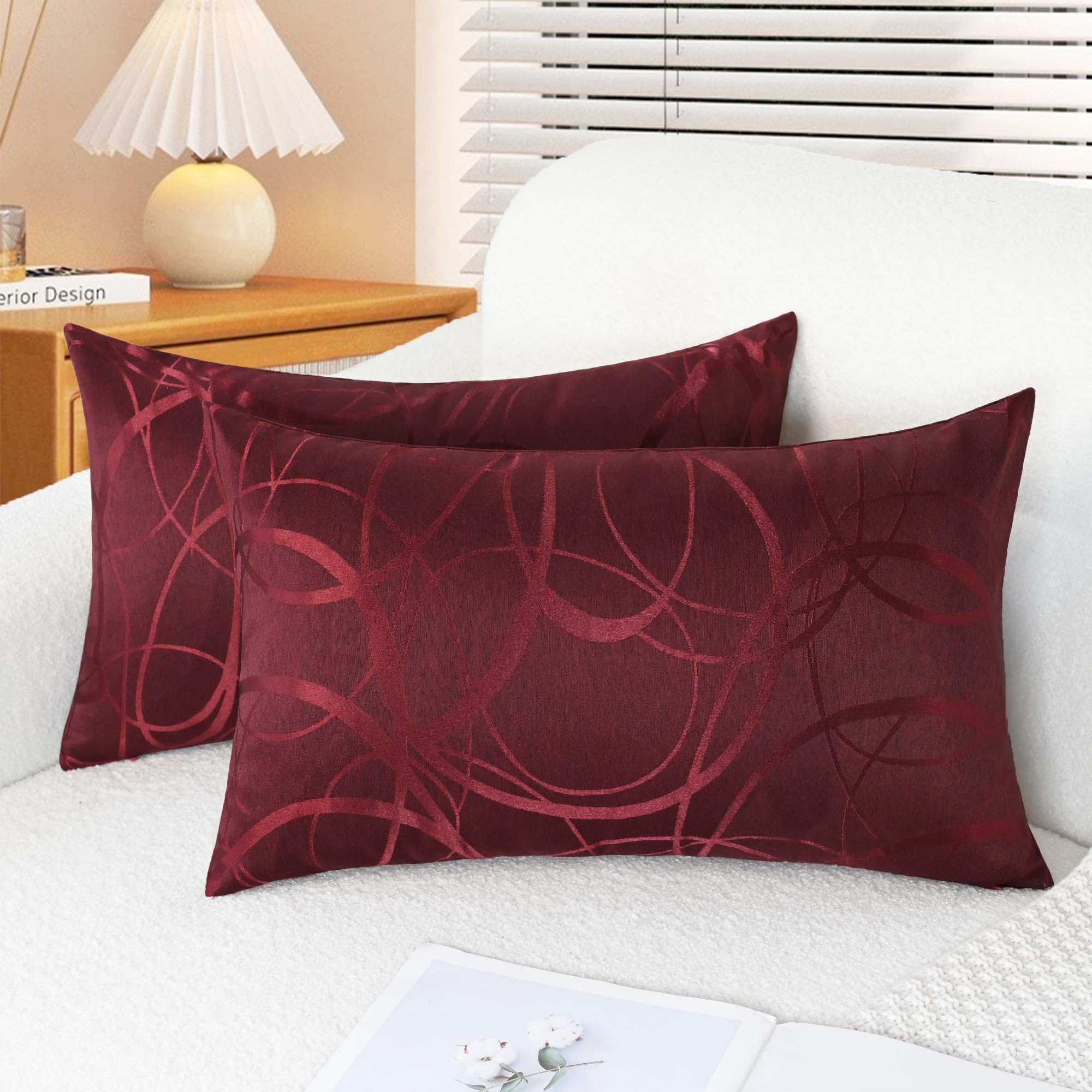 CaliTime Cushion Covers Cushion Cover Pack of 2 Bowls for Couch Sofa Home Decoration Modern Shiny and Matt Contrast Circles Rings Geometric 30 cm x 50 cm Burgundy — image 1