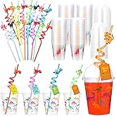 Qinyoung 48 Set Dinosaurs Party Supplies Dinosaur Cups Party Favors Goody Cups with Gift Tags 12 oz Plastic Dino Cup with Lids and Straws Set for Party Decorations