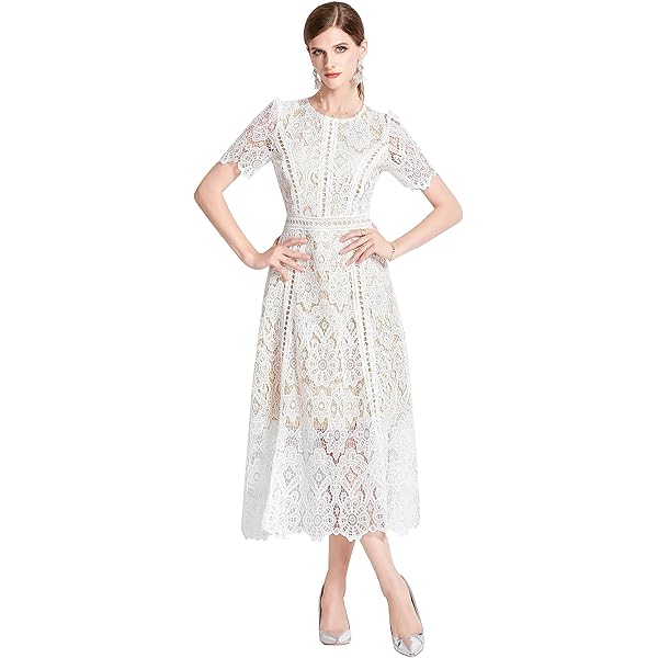 Self Portrait Women's White Cotton Lace Button Midi Dress