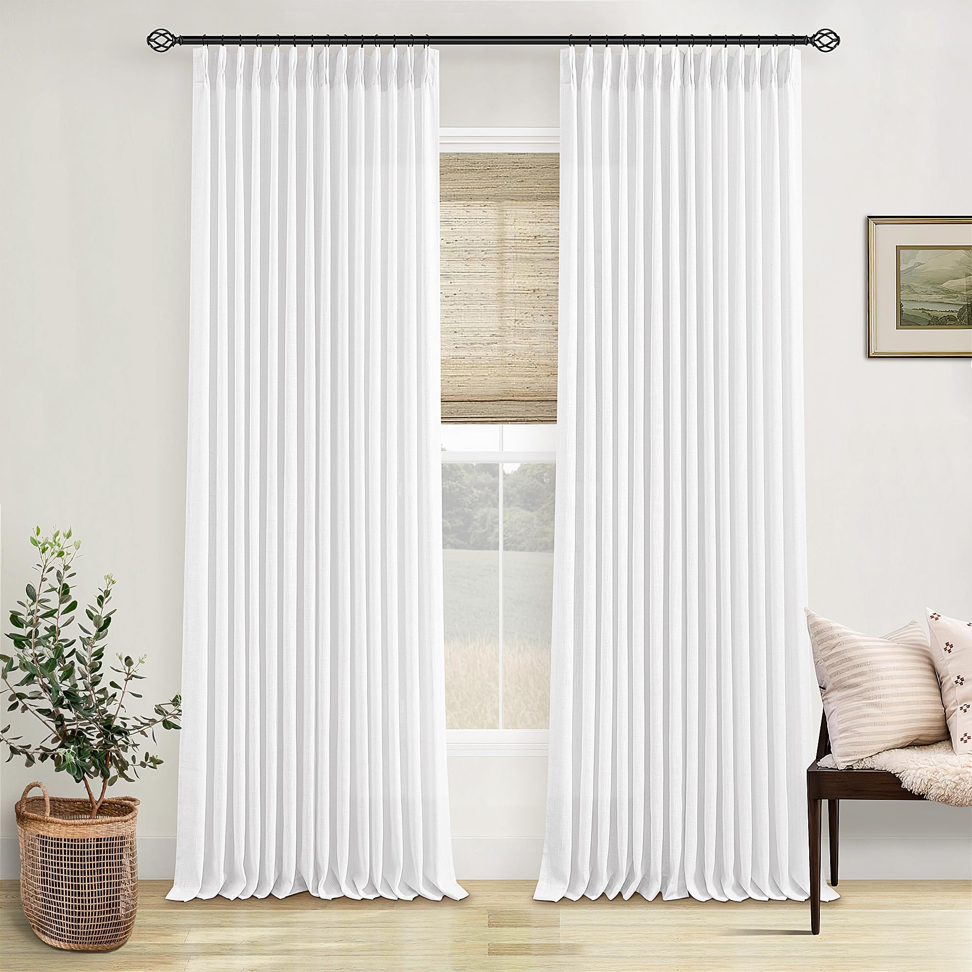 Photo 1 of Extra Long Pinch Pleated Linen 120 Inch Curtains 2 Panels Set for Living Room Bedroom Farmhouse Snow White Cotton Linen Blend Back Tab Memory Shape Pinch Pleat Ceiling Floor Window Curtains 10 FT