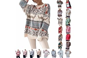 EKVAHL Ugly Christmas Sweaters for Women Long Sleeve Crewneck Reindeer Snowflake Holiday Print Knit Cute Sweater Pullover