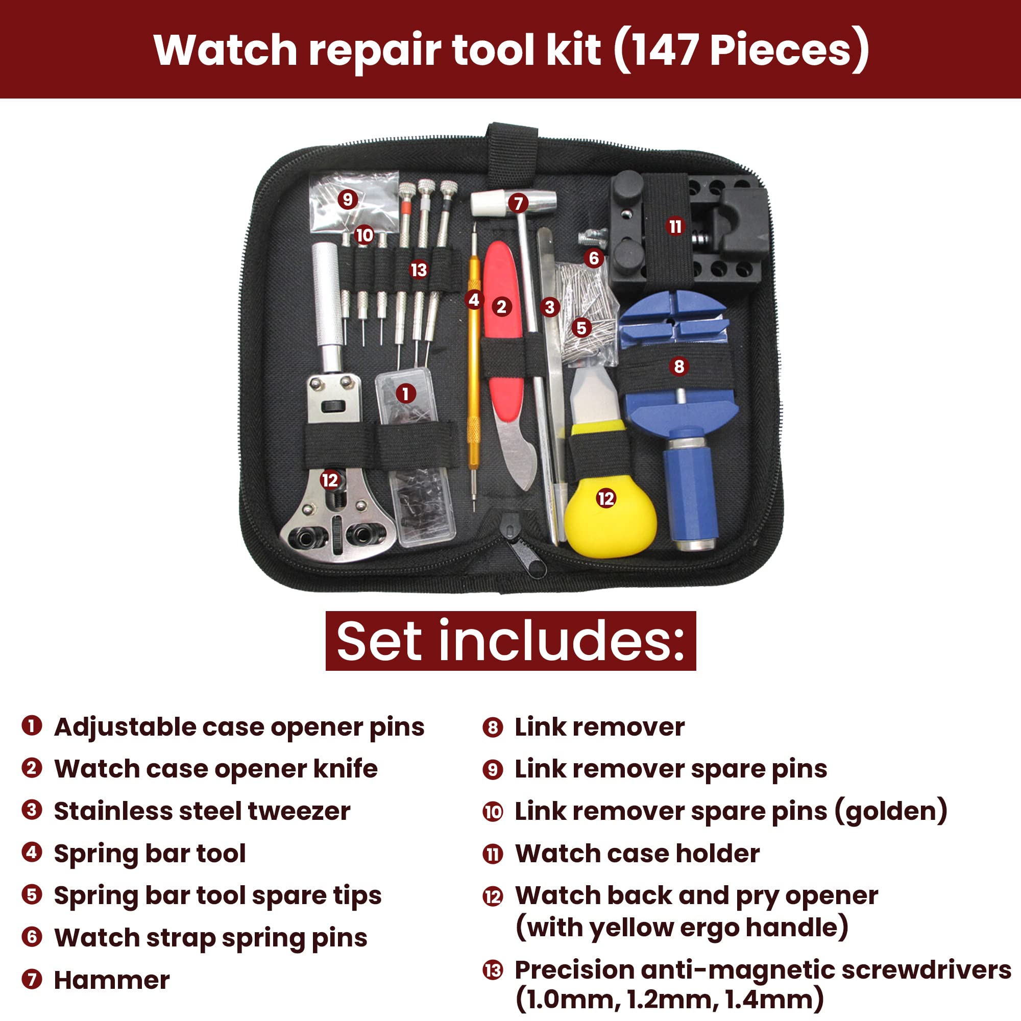 Gadgetime USA Watch Repair Kit (147 Pieces) - Professional Service Set with Carry Case & User Manual - Battery, Band, Strap, Link Pin, Spring Bar, Back Remover & Replacement