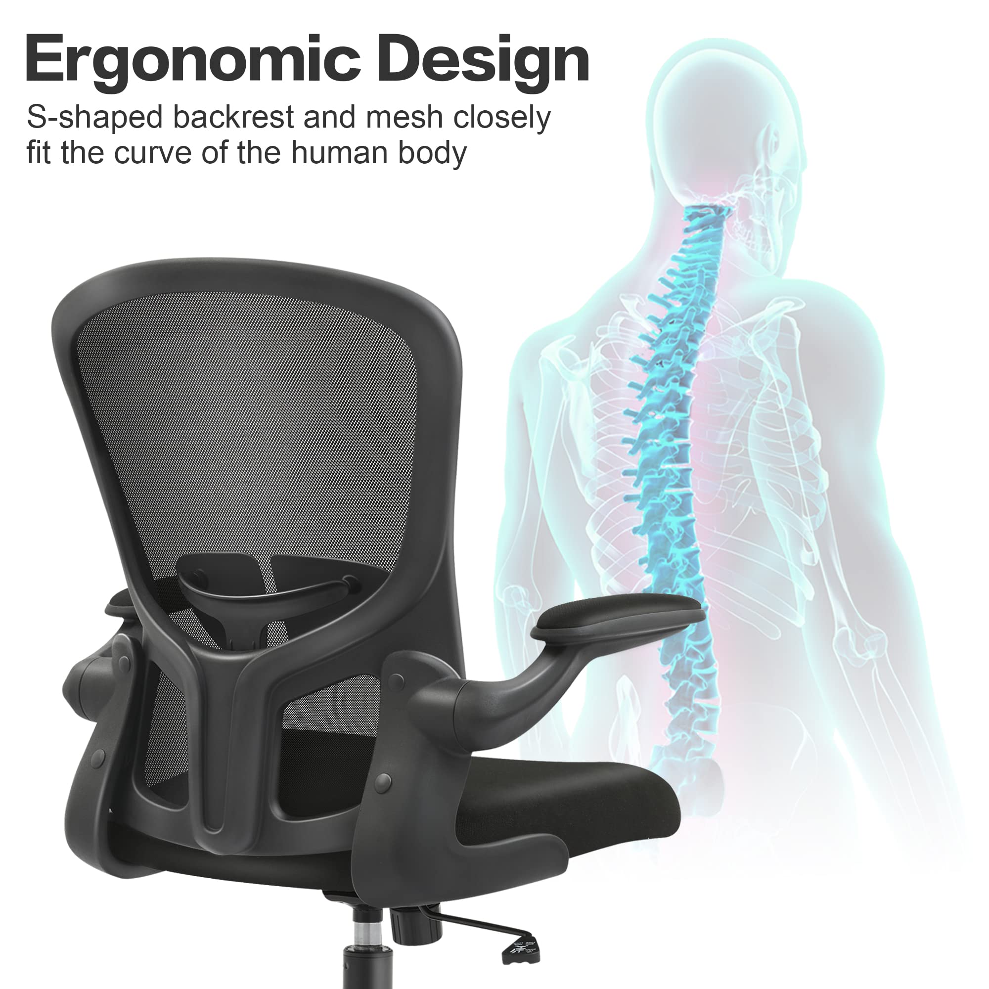 FelixKing Office Desk Chairs, Ergonomic PC Desk Chair with Wheels, Adjustable Lumbar Support and Height, Swivel Computer Chair with Flip-up Armrests, Ergo Mesh Backrest for Working (Black)
