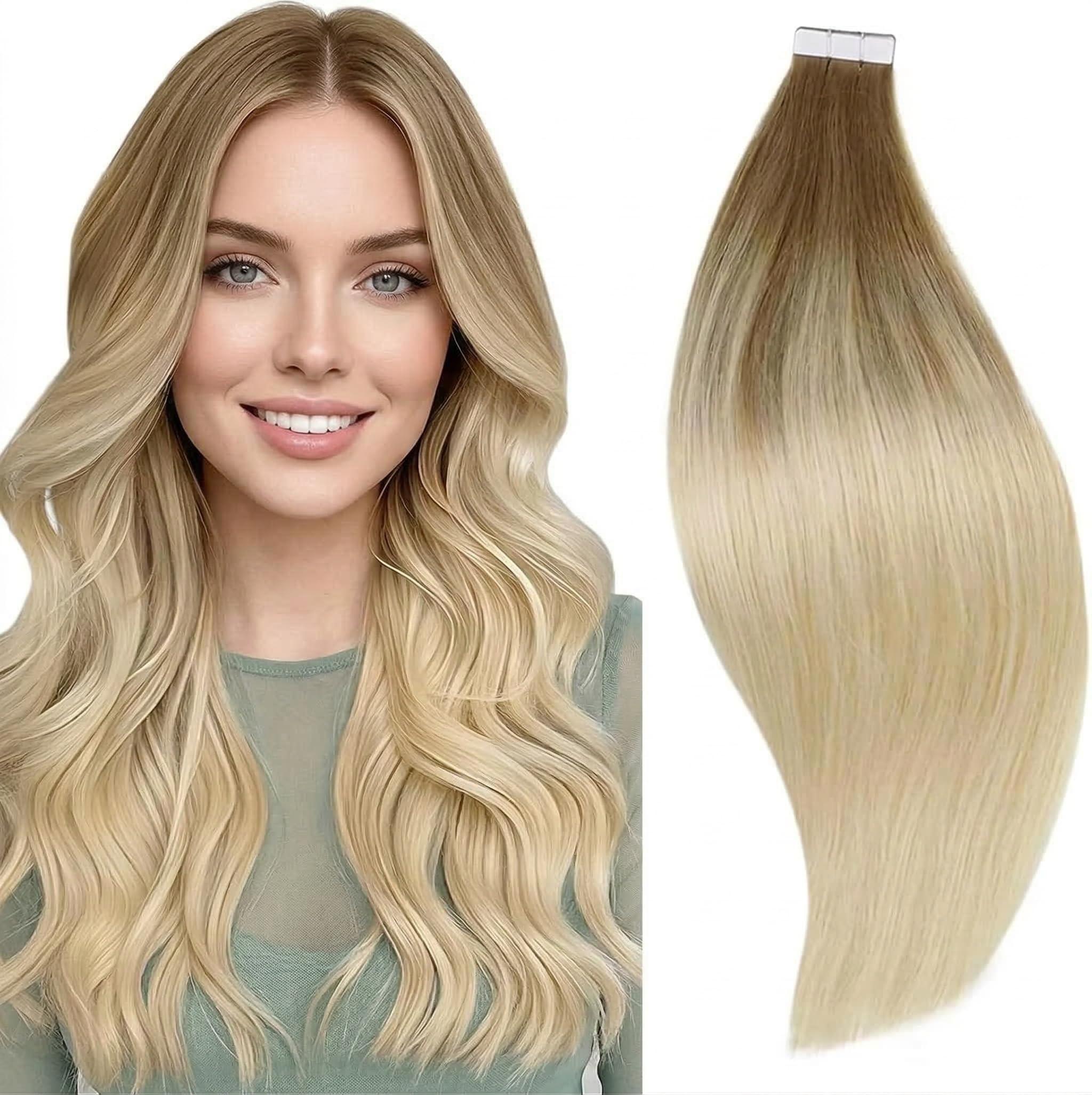 RUNATURE Tape in Hair Extensions Human Hair Balayage Tape Hair Extensions Brown to Platinum Blonde Ombre Invisible Straight Remy Tape hair 14 Inch 40g #8T60 — image 1