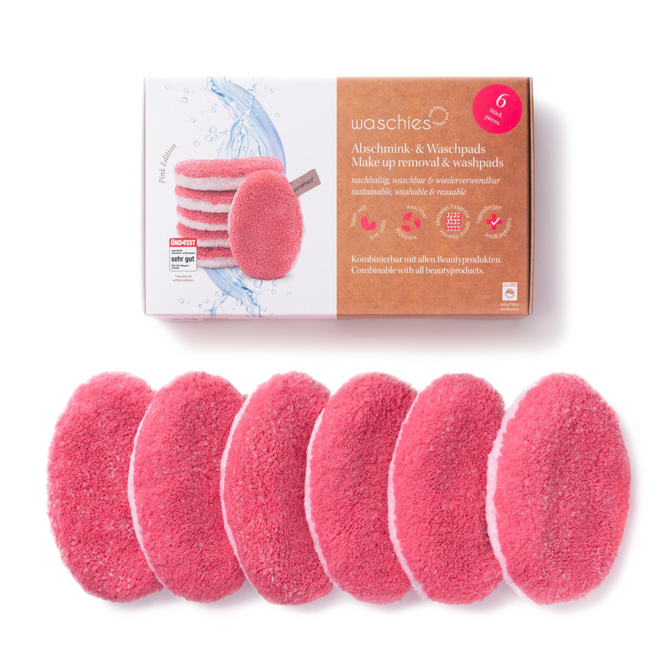 Waschies Reusable Makeup Remover & Face Cleansing Pads – Pack of 6 in Pink - Washable, Soft & Hypoallergenic, Gentle Cleansing For All Skin Types - Alternative to Cotton Pads & Wipes