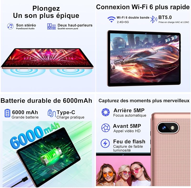 Tablet 10 Pollici Android con 18GB RAM + 128GB ROM(TF 1TB), HD Tablet con 5G Wi-Fi 6, Widevine L1, Octa-Core 1.8 GHz, USB-C, BT 5.0, 6000mAh,Custodia, Oro Rosa