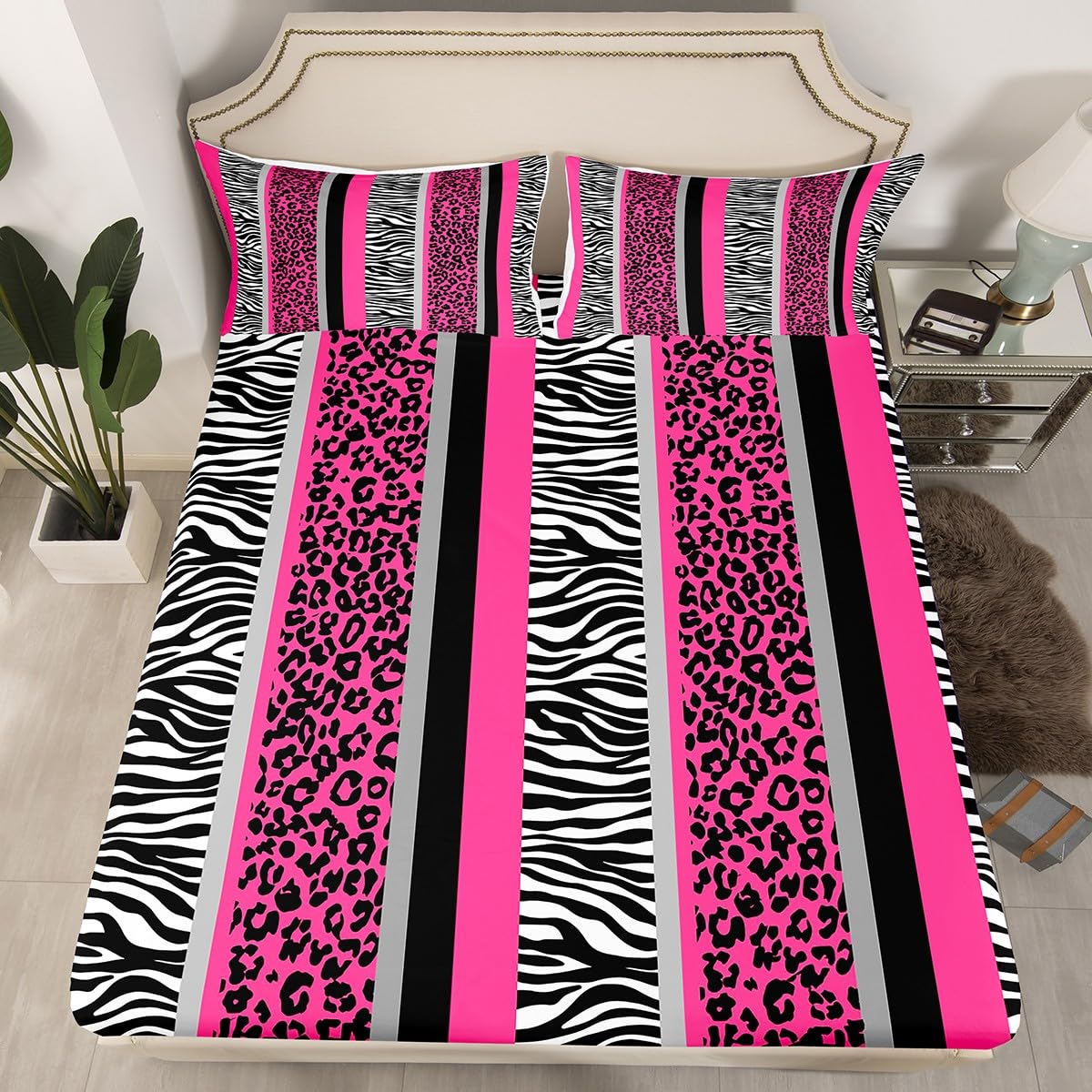Pink Black White Zebra Bed Sheet Set Double Hot Pink Leopard Bedding Set for Kids Boys Girls Zebra Stripes Fitted Sheet Safari Animal Hair Bed Cover Bed Set 3Pcs (No TOP Sheet)
