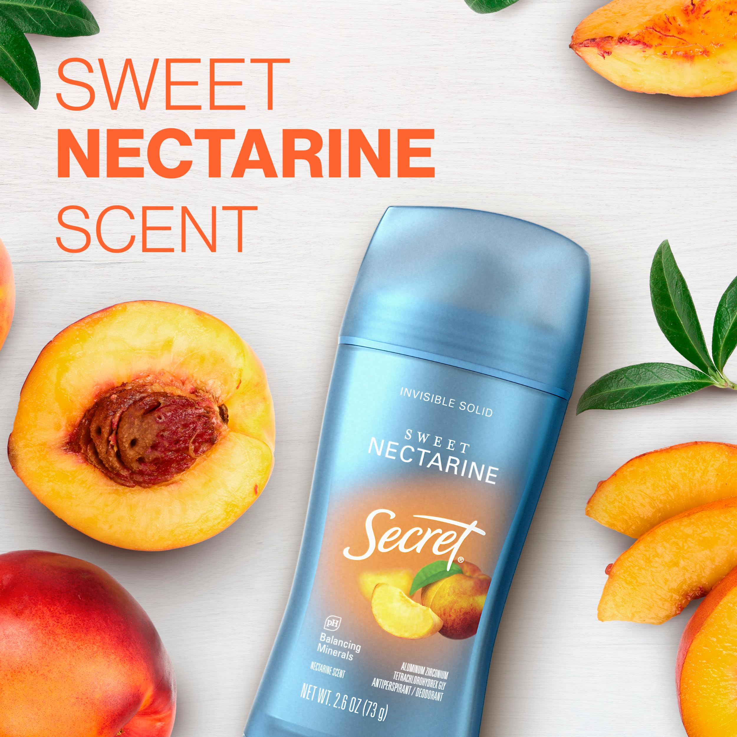 Secret Fresh Antiperspirant Deodorant for Women, 72hr Breathable Sweat & Odor Protection, Instant Freshness & Gentle, PH Balancing Minerals, Invisible Solid, Sweet Nectarine Scent, 2.6 oz