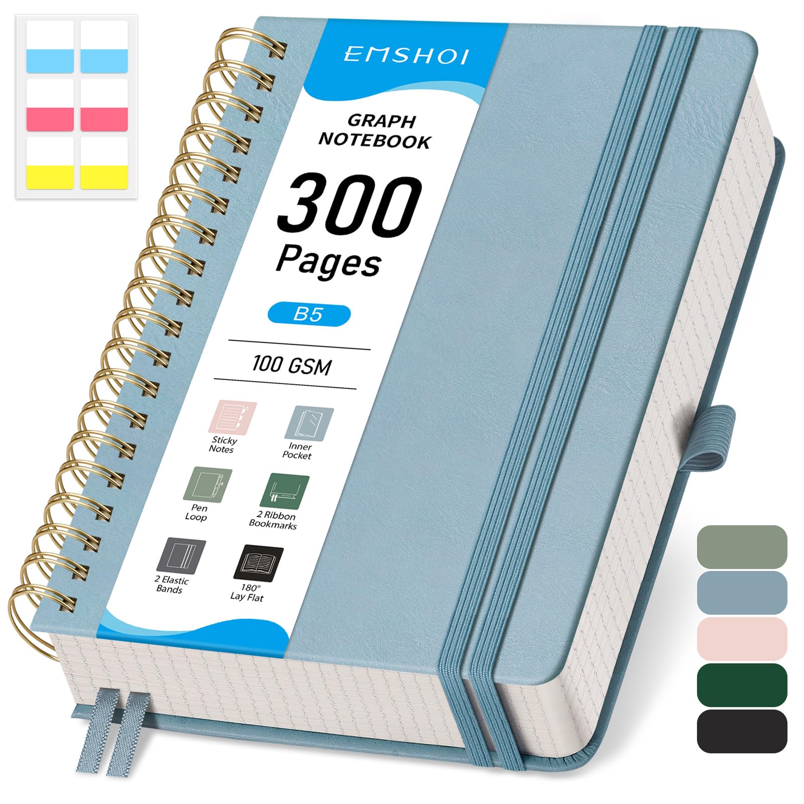EMSHOI B5 Graph Paper Notebook, Spiral Notepad 150 Sheets/300 Pages, 100gsm, Hardback, Sticky Notes, Pocket, Pen Loop, Ruler, Bookmark, Squared Journal for Women Men Writing, 19 x 25.8cm, Gray Blue