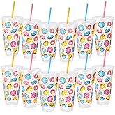 SiliFine 12 Pcs Plastic Donut Time Cups 24oz Reusable Tumbler with Lid and Straw Doughnut Theme Drinking Cups for Donut Grow up Party Supplies Summer Birthday Decoration
