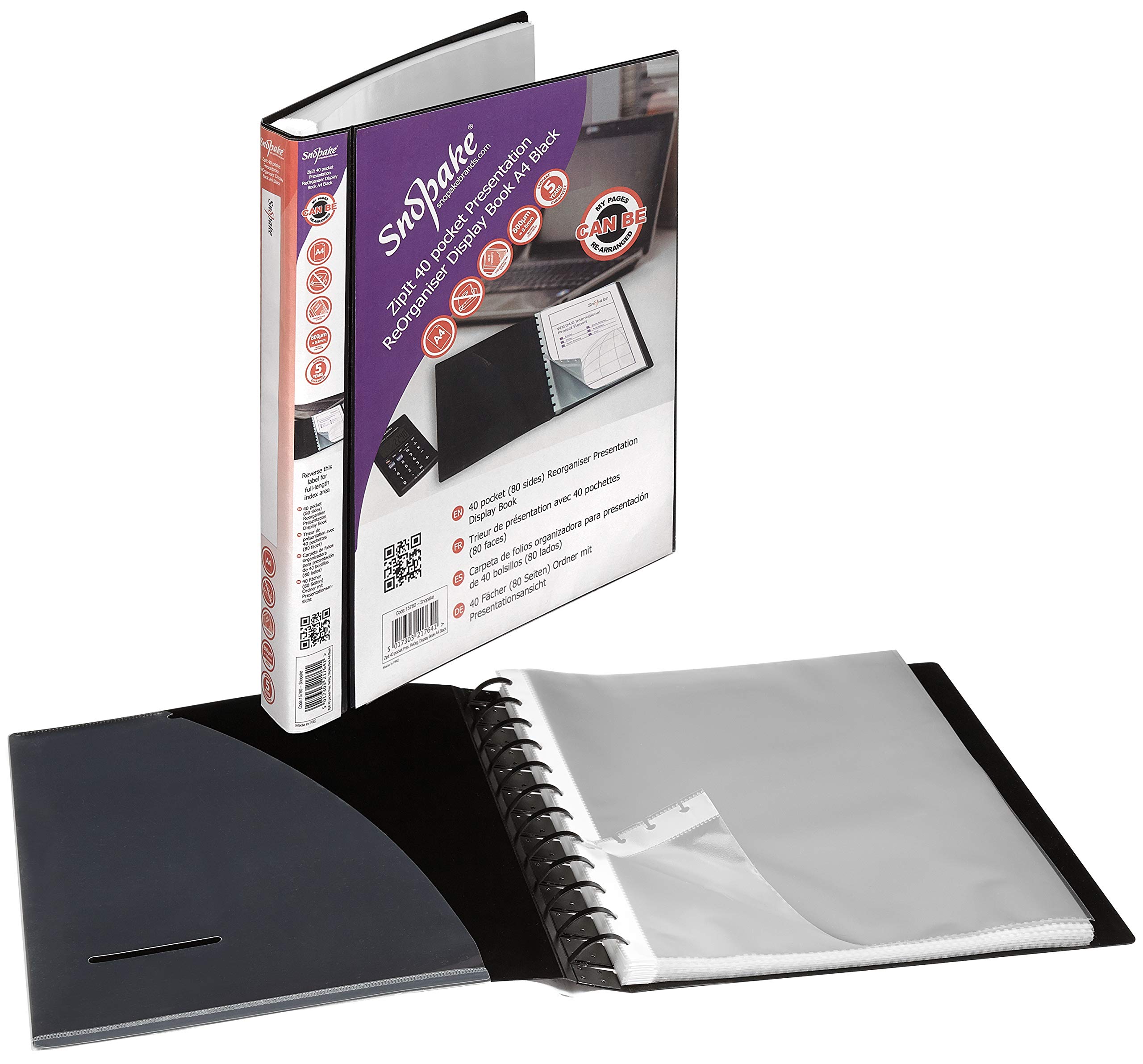 Snopake A4 Zipit 40 Pockets Presentation ReOrganiser Display Book – Black [Pack of 1] Ref: 15780
