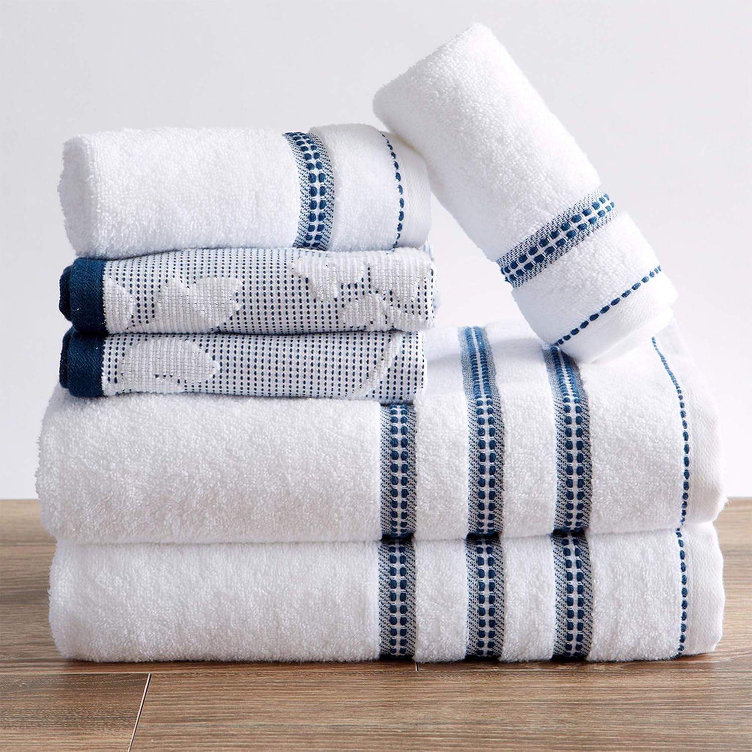 100% Cotton Floral Jacquard Bath Towels, Luxury 6 Piece Set - 2 Bath Towels, 2 Hand Towels and 2 Washcloths. Absorbent Super Plush Decorative Towels (6 Piece Set, White / Blue)