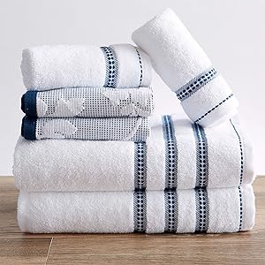 100% Cotton Floral Jacquard Bath Towels, Luxury 6 Piece Set - 2 Bath Towels, 2 Hand Towels and 2 Washcloths. Absorbent Super Plush Decorative Towels (6 Piece Set, White / Blue)