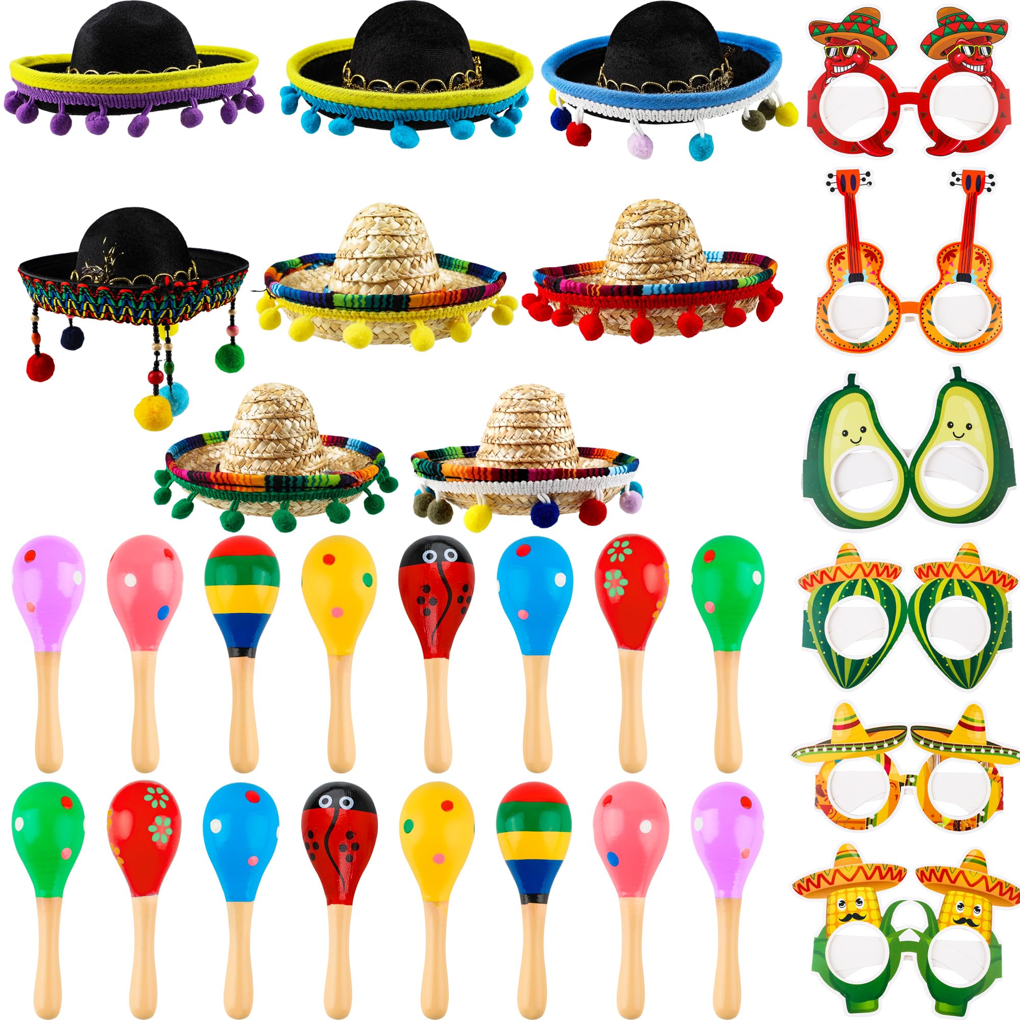 Swakuta 30 Pcs Cinco De Mayo Fiesta Party Favors Include 16 Pcs Wooden Fiesta Maracas 6 Pcs Mexican Paper Eyeglasses 8 Pcs Mini Sombrero Top Hat for Mexican Fiesta Party Deco