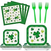 100 Pcs St. Patrick's Day Shamrock Paper Plates and Napkins Disposable Tableware Set for 25 Guests, Include Square Dinner and Dessert Plates, Napkins, Forks for Irish Party Table Decoration Supplies